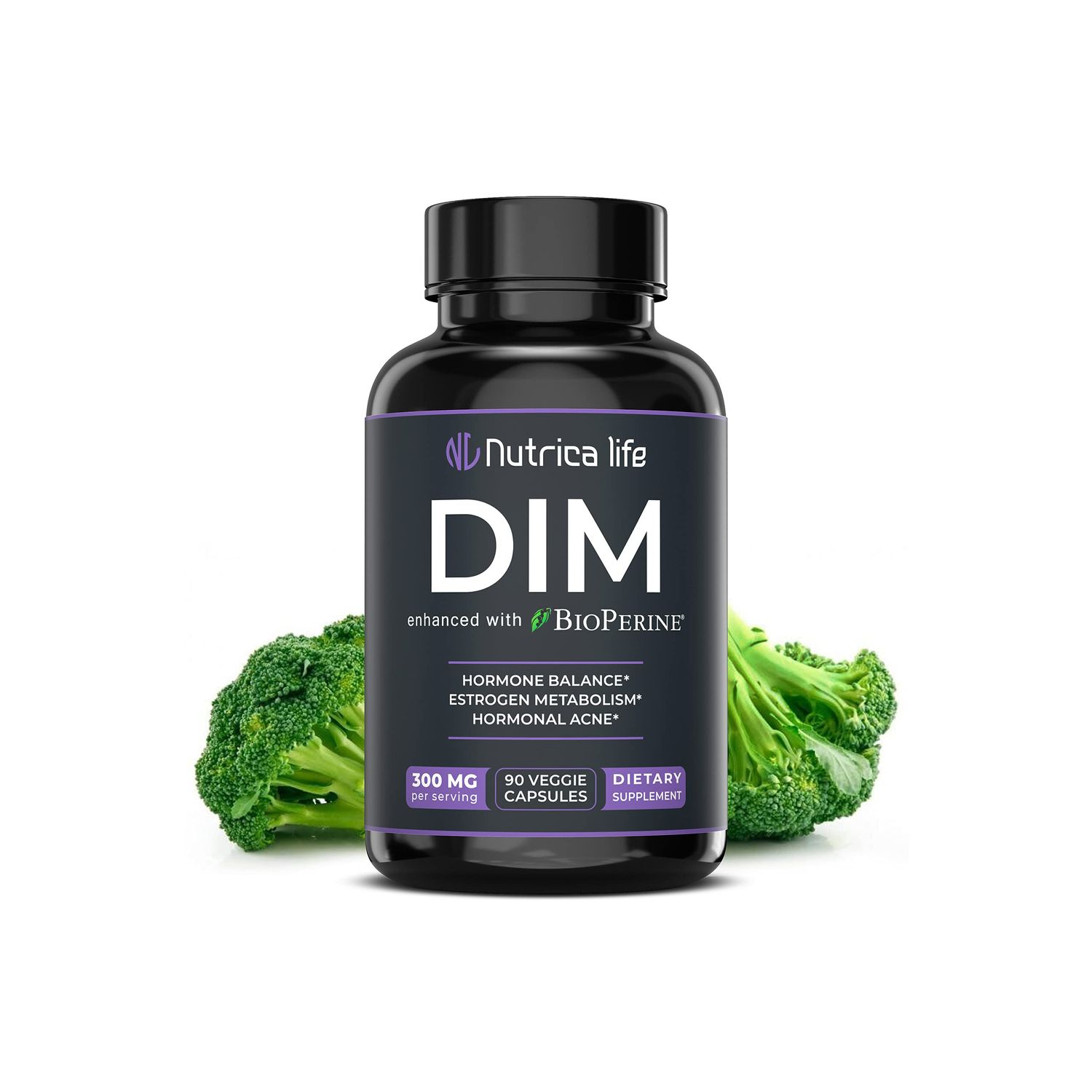 Nutrica Life DIM Supplement 300mg - Diindolylmethane with Broccoli BioPerine - Hormone Balance Support for Women Men, Estrogen Metabolism, Menopause Relief Hormonal Acne Control - 90 Vegan Caps