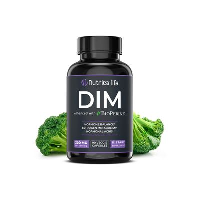 Nutrica Life DIM Supplement 300mg - Diindolylmethane with Broccoli BioPerine - Hormone Balance Support for Women Men, Estrogen Metabolism, Menopause Relief Hormonal Acne Control - 90 Vegan Caps