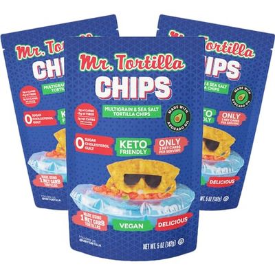 Mr. Tortilla Protein Keto Chips - Dairy Free, Keto Friendly Tortilla Chips Protein Snacks, 3 Net Carbs Per Serving, 25g Protein per Bag, Low Carb - (Multigrain 5oz Bag, Pack of 3)