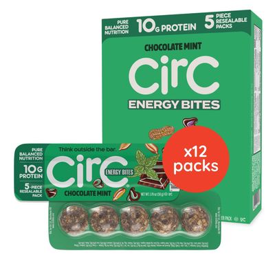 CirC Energy Bites - 12 Pack Mint Chocolate Chip Gluten Free Protein Balls - 10g Protein, Whole Grains, Nuts Fruit - Portable Healthy Snacks for Adults Kids, 5 Piece Resealable Packs