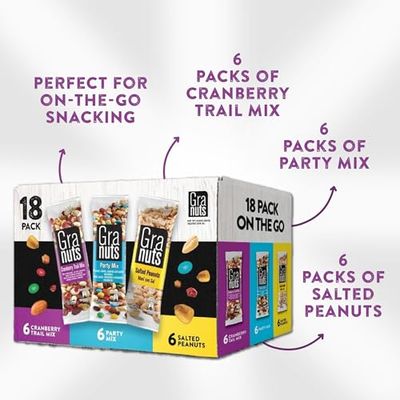 Granuts, Variety Nuts, Cranberry Trail Mix, Party Mix and Salted Peanuts, 29.63 oz, 18 Snack Packs