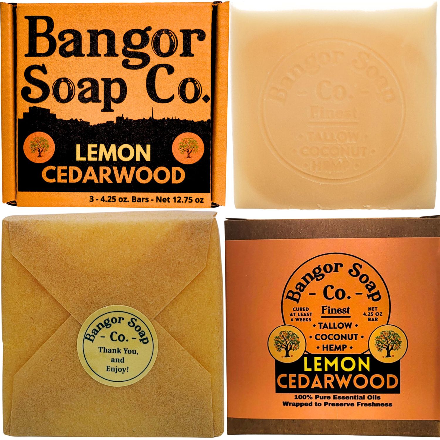 Bangor Soap Co.&#39;s CITRUS LEMON CEDARWOOD Pure, Natural Soap Bars, The FINEST Tallow, Coconut, and Hemp, NOTHING Artificial, NOTHING Superficial for A Smooth, Nourishing Lather (3-Pack)