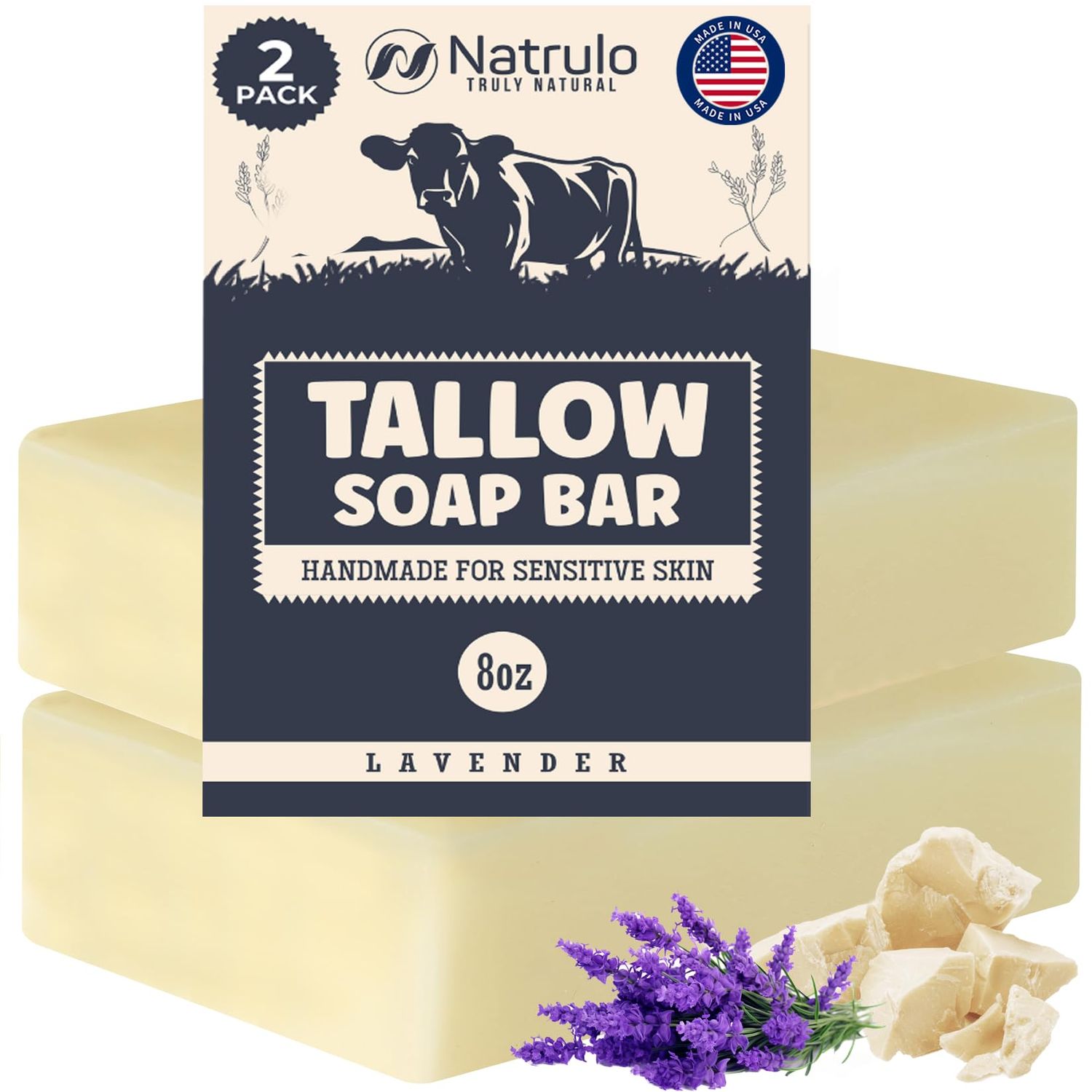 Beef Tallow Soap Bar - All Natural Grass Fed Tallow Soap Lavender - Moisturizing Face Body Wash Great for Eczema, Dry, Itchy, Sensitive Skin - Handcrafted Bath Soap for Adults, Kids, Made in USA