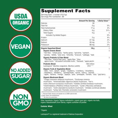 COUNTRY FARMS Super Greens Natural Flavor, 50 Organic Super Foods, USDA Organic Drink Mix (Wheat Grass, Spirulina, Chlorella) Mushrooms Probiotics, Fiber, Gut Health, Natural Energy, 30 Servings