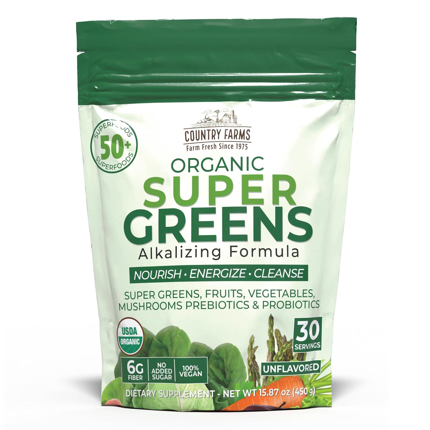 COUNTRY FARMS Super Greens Natural Flavor, 50 Organic Super Foods, USDA Organic Drink Mix (Wheat Grass, Spirulina, Chlorella) Mushrooms Probiotics, Fiber, Gut Health, Natural Energy, 30 Servings