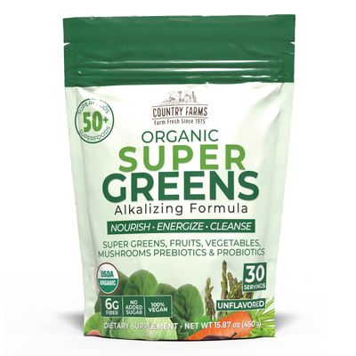COUNTRY FARMS Super Greens Natural Flavor, 50 Organic Super Foods, USDA Organic Drink Mix (Wheat Grass, Spirulina, Chlorella) Mushrooms Probiotics, Fiber, Gut Health, Natural Energy, 30 Servings