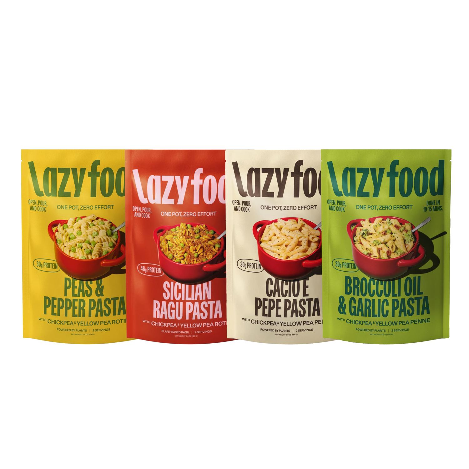 Lazy Food Cacio e Pepe, Broccoli Garlic Oil, Peas Pepper, Vegan Ragu Gluten Free Pasta Dinner Low Carb High Protein Italian One Pot Meal Kit Chickpea Yellow Pea Penne - Variety 4 Pack (8 Servings)