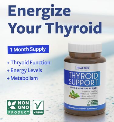 Thyroid Support with Iodine (Non-GMO) Improve Your Energy Mood - Metabolism Booster Thyroid Health Supplement for Women and for Men - Ashwagandha, Zinc, B12 Complex - 60 Capsules