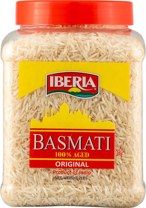 Iberia Basmati Rice Jar, 2 Pounds, Extra Long Grain, Naturally Aged Indian White Basmati Rice, Natural Basmati Rice in Food Grade Jar.