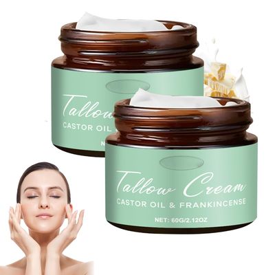 Grass Fed Beef Tallow with Frankincense Oil and Castor Oil, Organic Beef Tallow Moisturizer for Skin, Whipped Beef Tallow Manuka Honey Balm Moisturizer, Natural Face Body Moisturizer (2 Bottles)