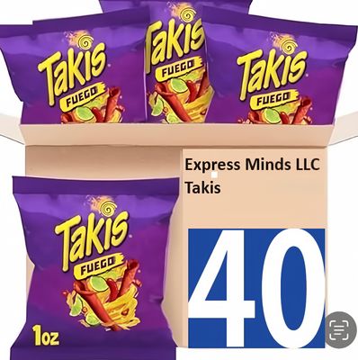 Takis Fuego 40 pc 1 oz Multipack, Hot Chili Pepper Lime Flavored Extreme Spicy Rolled Tortilla Chips