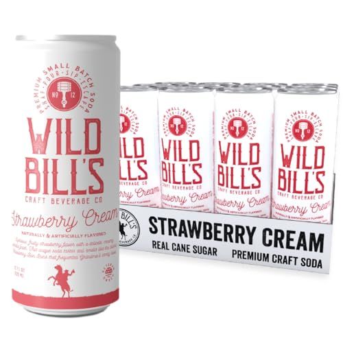 Wild Bill&#39;s Strawberry Cream Soda Classic Craft Soda Pop Soft Drinks, Sodas Made with Pure Cane Sugar, Caffeine Free, NO High Fructose Corn Syrup, Gluten Free, Vegan, Low Sodium, 12 Oz 12 Pack
