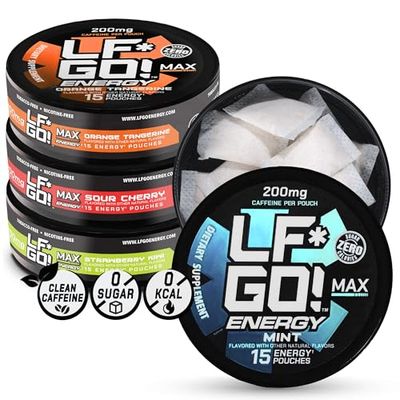 LFGO! Caffeine Energy Pouches 200MG 0 Calorie 4 Pack Assorted: Sour Cherry, Mint, Orange Tangerine, Strawberry Kiwi