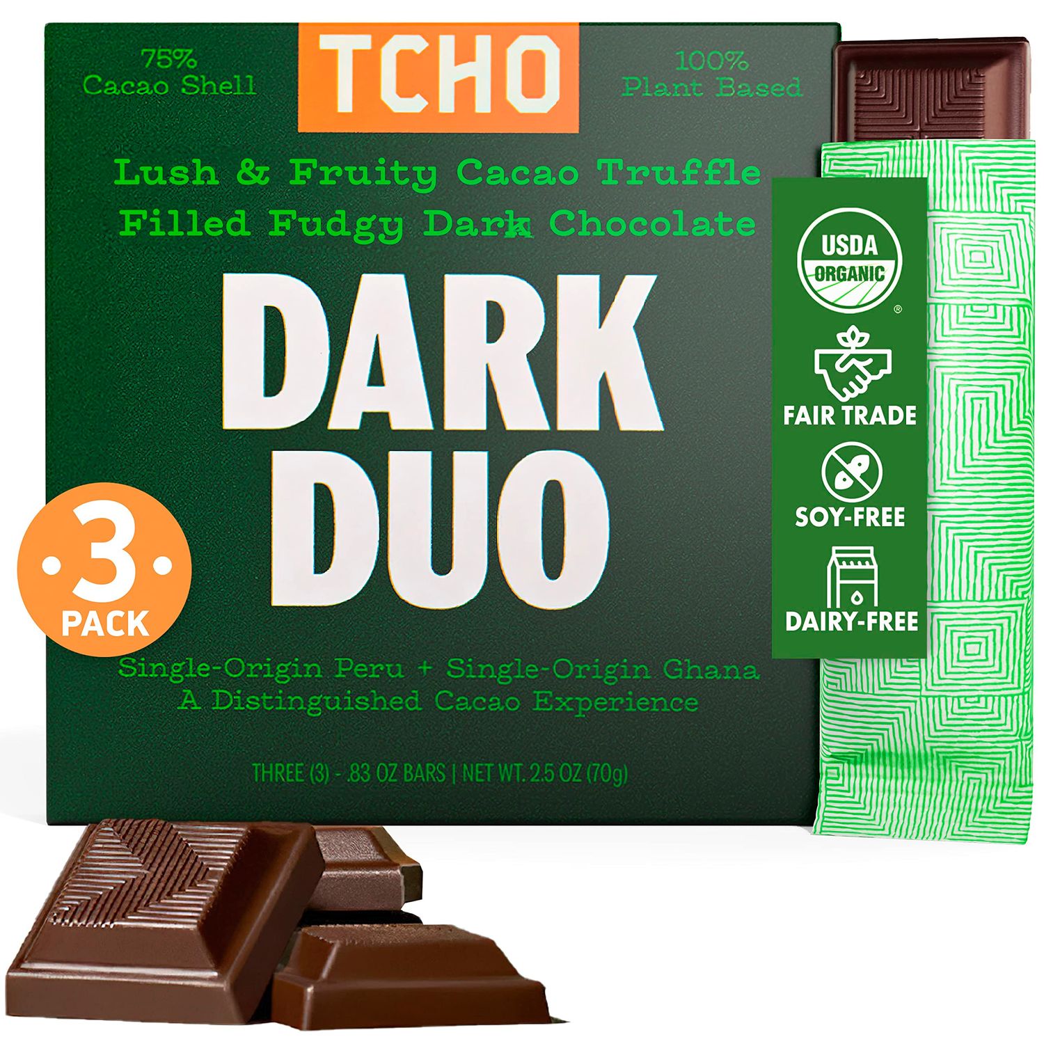 TCHO Dark Duo Dark Chocolate Bars (3 pack) Single Origin, Plant Based, Organic Fair Trade, Non GMO, Non-Dairy, Vegan, Soy Free (2.5oz each)