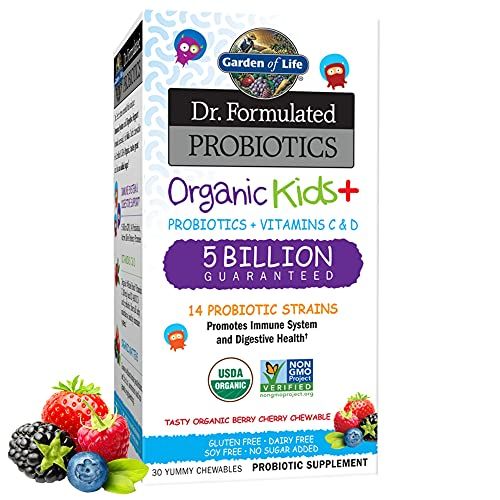 Garden of Life Dr. Formulated Probiotics for Kids, Organic Kids - Berry Cherry, 5 Billion CFU Chewable Probiotic Plus Vitamin C and D, Dairy Free Immune Digestive Health Supplement, 30 Chewables