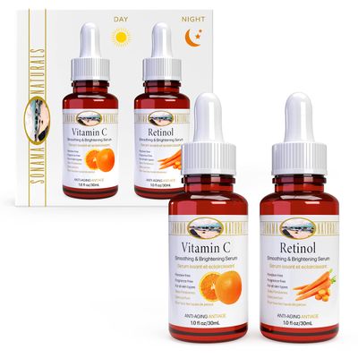 Sonoma Naturals Vitamin C and Retinol Serum for Face, 1 oz. two-pack Day Night Kit Smoothing Natural Anti-Aging Formula Facial Serum for All Skin