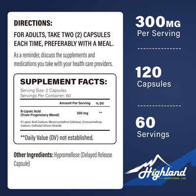 Highland Nutritional Lab R Lipoic Acid (Na) 300mg per Serving, 120 Capsules, Up to 5X Improved Absorption, Excellent Nutritional Supplement for Healthy Metabolism Support and Antioxidants-1 Bottle