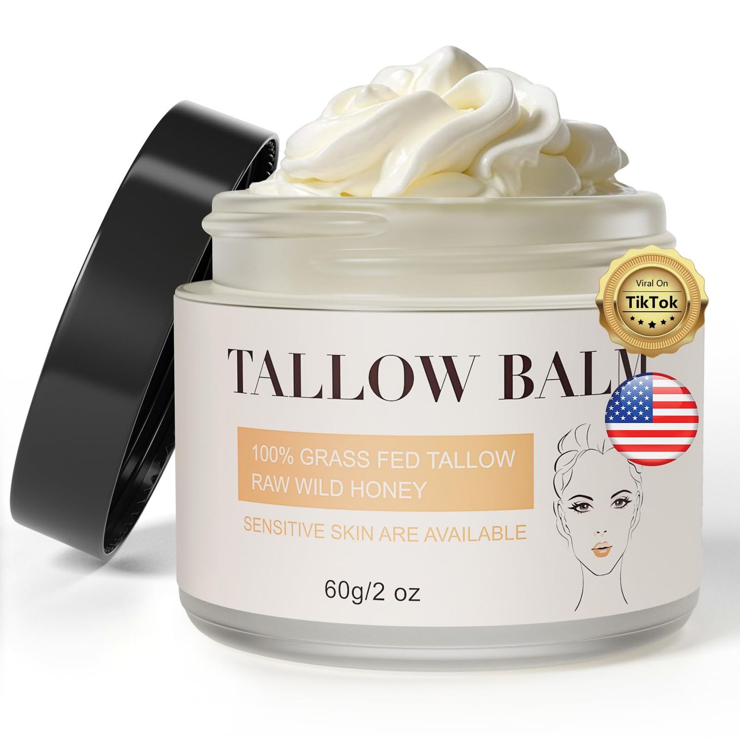 Jedlem Grass Fed Beef Tallow for Skin Care, Face and Body Moisturizer Cream, Unadulterated Honey, Soothes Dryness, Repairs the Skin Barrier, 2 Oz