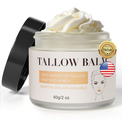 Jedlem Grass Fed Beef Tallow for Skin Care, Face and Body Moisturizer Cream, Unadulterated Honey, Soothes Dryness, Repairs the Skin Barrier, 2 Oz