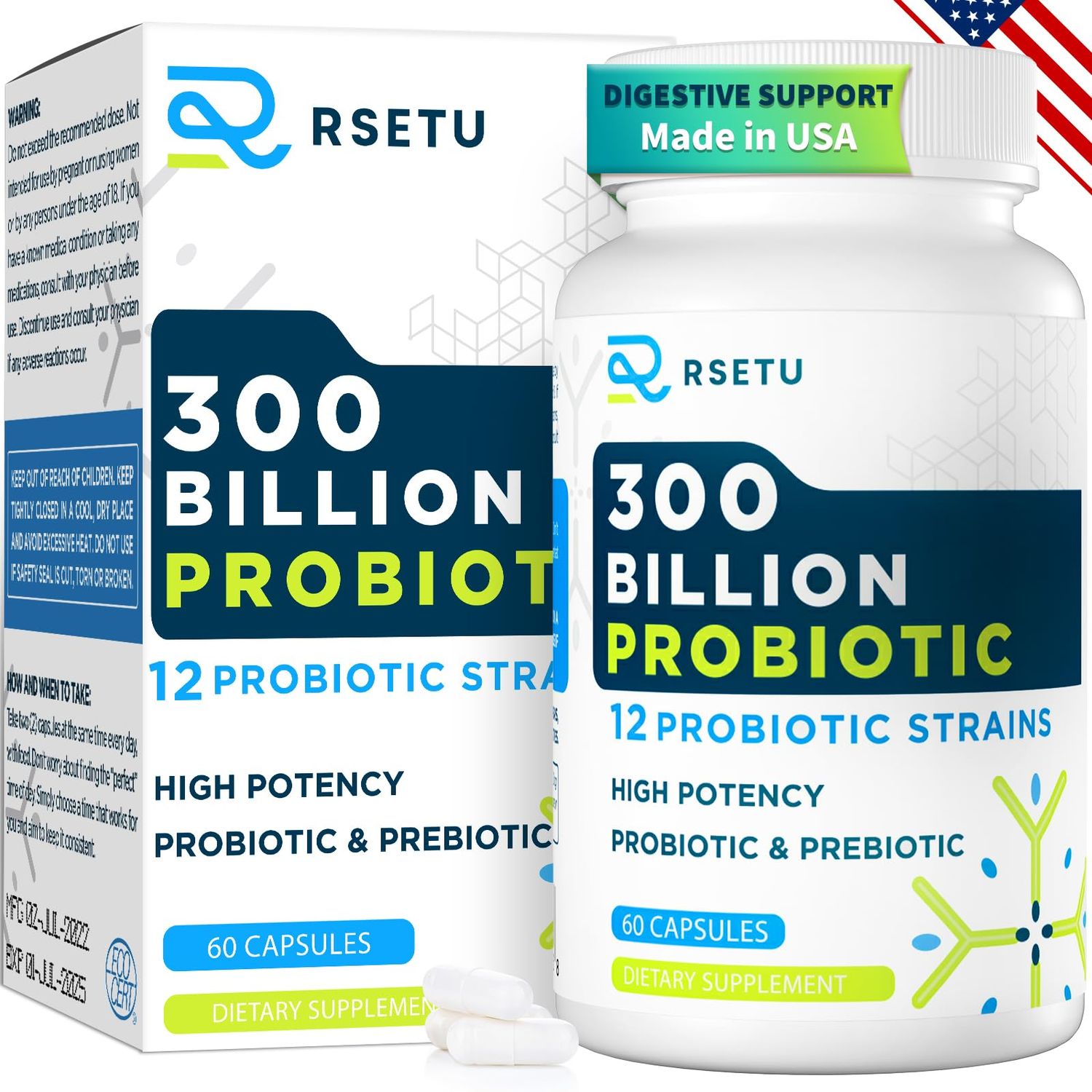Probiotics for Women Men: 300 Billion CFU Probiotic High Potency 12 Strains Organic Probiotics with Prebiotics, Daily Probiotic Supplement for Digestive, Gut, Immune and Bloating Health, 60 Capsules