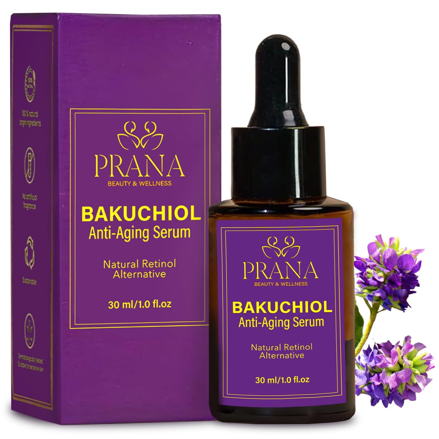 Prana Bakuchiol Anti-Aging Serum- Facial Serum with Squalane Jojoba for Hydration- Anti-Wrinkle Serum for Radiant Skin- Face Serums for Wrinkles Fine Lines- Fragrance-Free Serums- 100 Vegan- 30ml