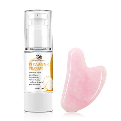 Crownnaturally Skin Care Vitamin C Face Serum 1.05oz and Gua sha Facial Tool for Face with Hyaluronic Acid,Hydrolyzed Collagen and Aloe Leaf Extract, Anti-Aging Serum for Wrinkles Dark Spot