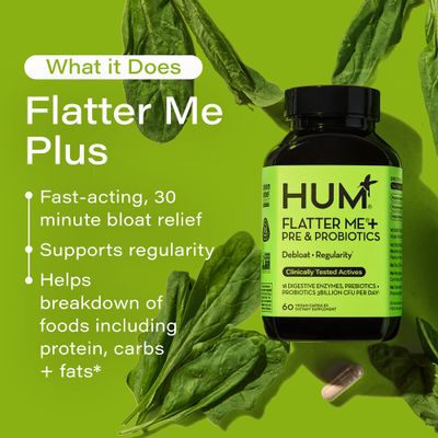 HUM Flatter Me Digestive Enzymes with Probiotics Prebiotics - Fast-Acting Bloat Relief, Digestive Health and Regularity, Vegan Formula 60 Servings
