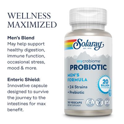 SOLARAY Mycrobiome Probiotic Men s Formula, Probiotics for Men, Gut Health, Digestion, Immune Function More, 20 Billion CFU Mens Probiotic, 24 Strains Plus Prebiotic, 30 Servings, 30 VegCaps