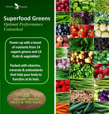 Potent Garden 2-Pack Organic Superfood Greens, Fruit and Veggie Supplement Rich in Vitamins Antioxidants with Alfalfa, Beet Root Tart Cherry to Boost Energy, Immunity Gut Health, 120 Ct