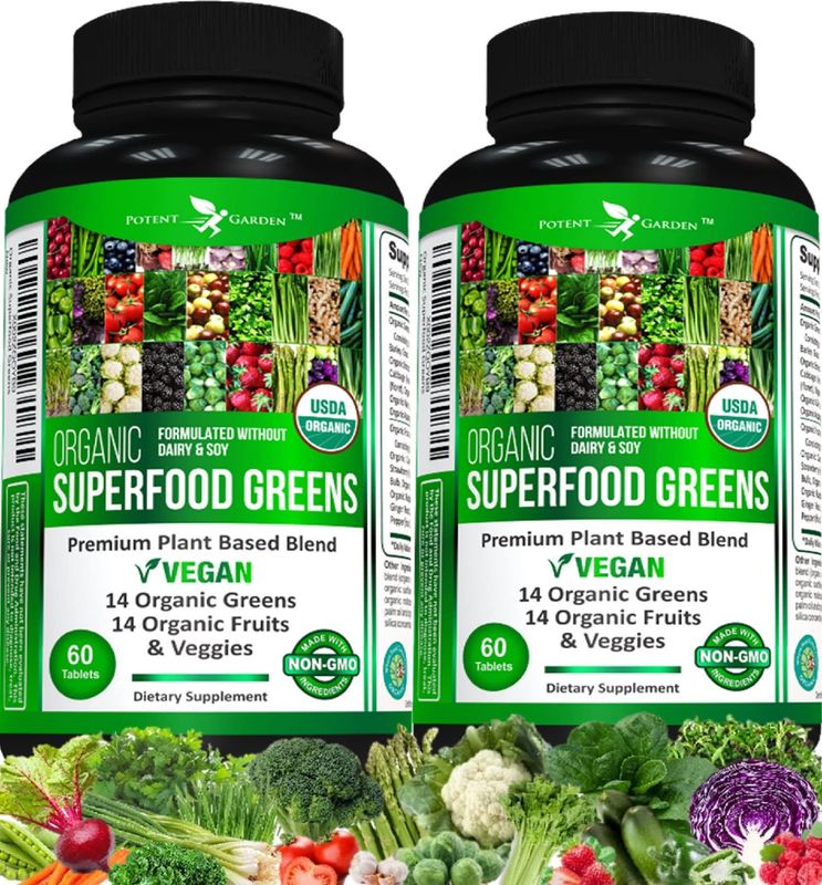 Potent Garden 2-Pack Organic Superfood Greens, Fruit and Veggie Supplement Rich in Vitamins Antioxidants with Alfalfa, Beet Root Tart Cherry to Boost Energy, Immunity Gut Health, 120 Ct