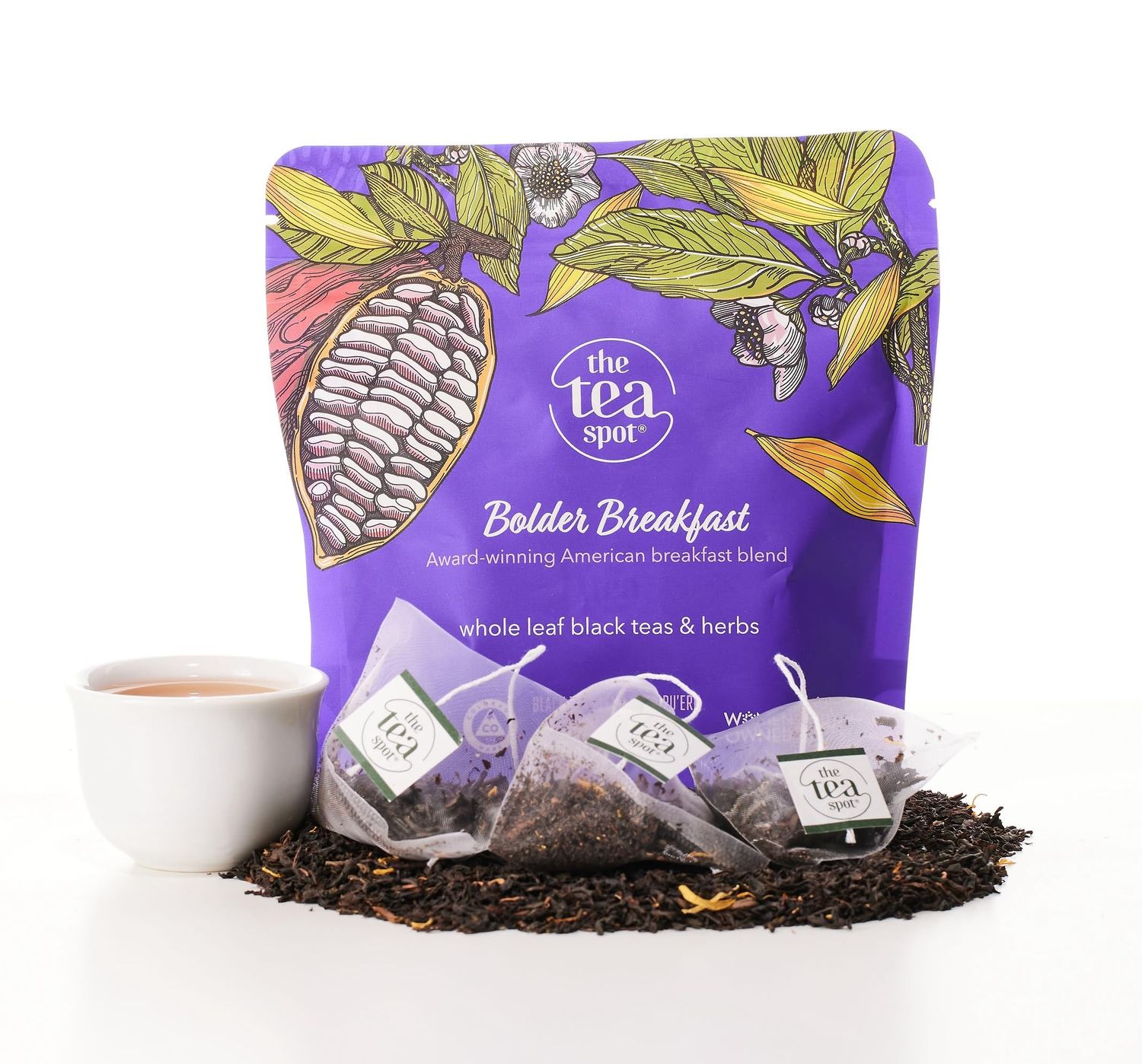 The Tea Spot Bolder Breakfast Tea with Dark Chocolate Flavoring Blend of Black Tea, Pu erh Tea, Calendula Flowers, Sunflower Petals, and Chocolate Flavoring 15 Tea Bags