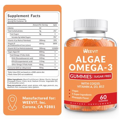 Vegan Omega 3 Gummies, Algae Omega 3 Supplement DHA 240mg, EPA 110mg wVitamin B12, CoQ10, Omega 3 Fish Oil Alternative for Adults - Brain, Bone, Joint, Eye Immunity Support