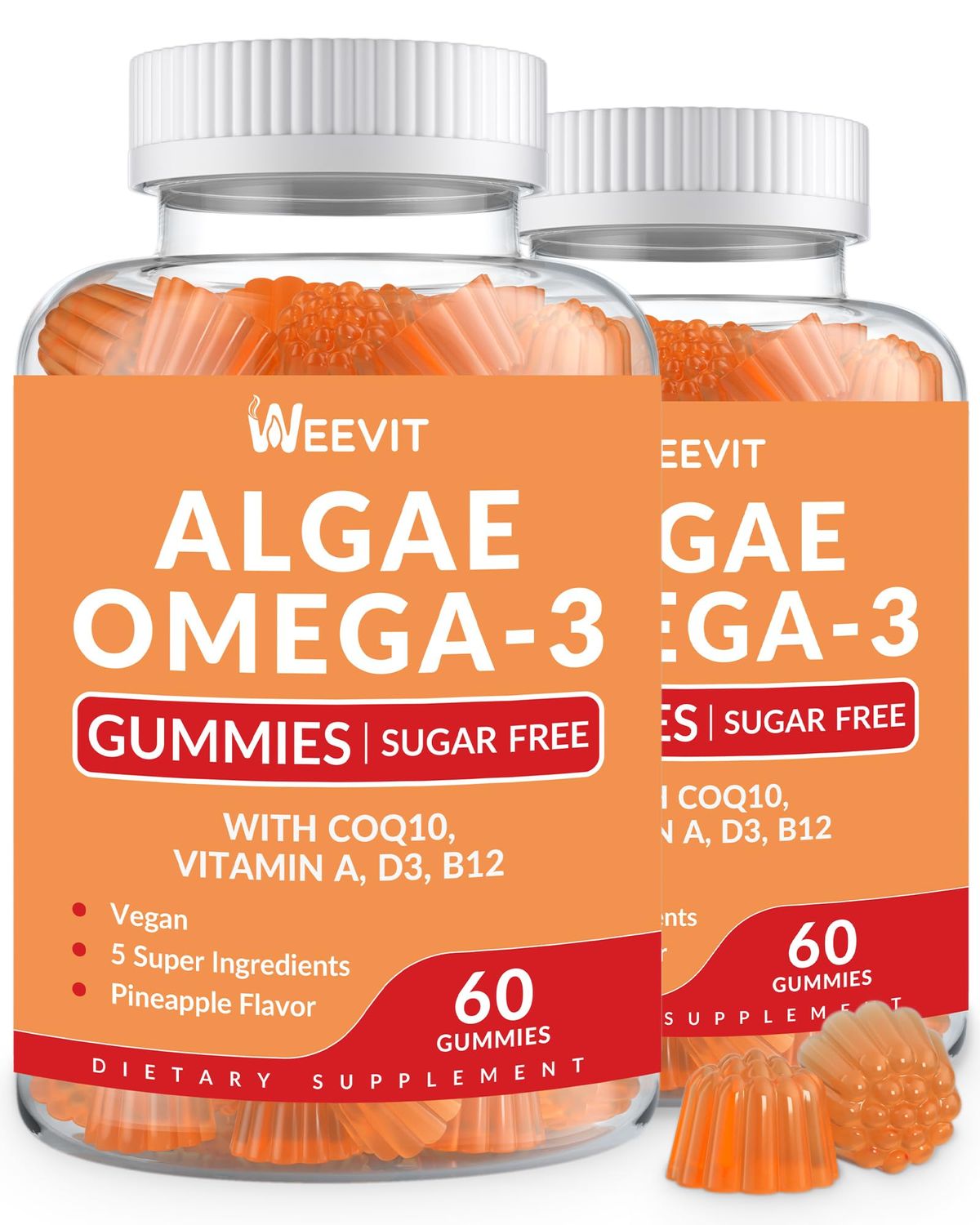 Vegan Omega 3 Gummies, Algae Omega 3 Supplement DHA 240mg, EPA 110mg wVitamin B12, CoQ10, Omega 3 Fish Oil Alternative for Adults - Brain, Bone, Joint, Eye Immunity Support