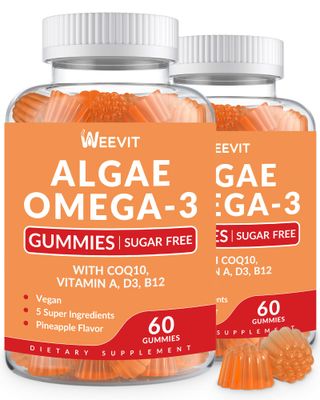 Vegan Omega 3 Gummies, Algae Omega 3 Supplement DHA 240mg, EPA 110mg wVitamin B12, CoQ10, Omega 3 Fish Oil Alternative for Adults - Brain, Bone, Joint, Eye Immunity Support