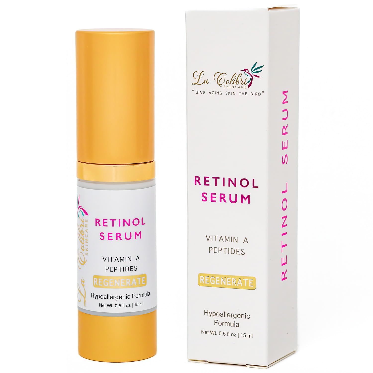 La Colibri Skincare Regenerate Retinol Serum for Face - Vegan Vitamin A Serum with Peptides Hyaluronic Acid - Hypoallergenic Retinol Night Serum for Fine Lines, Wrinkles - 0.5 Ounces