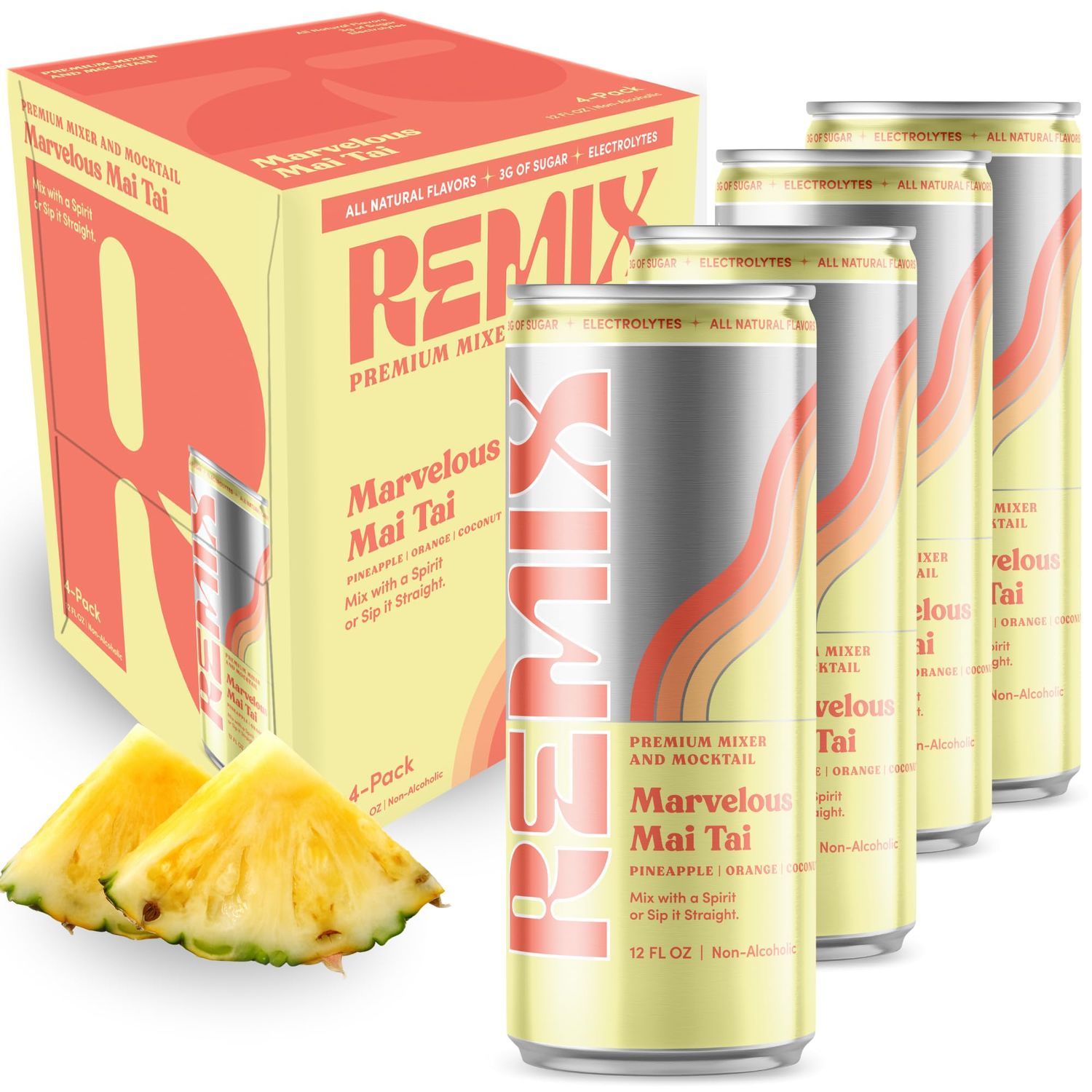 Remix Non-Alcoholic Drinks Mocktails - Alcohol Replacement Beverage with All-Natural Flavors, Real Juice Electrolytes - Low Sugar Calorie Non-Alcoholic Spirits (4 Pack, Marvelous Mai Tai)