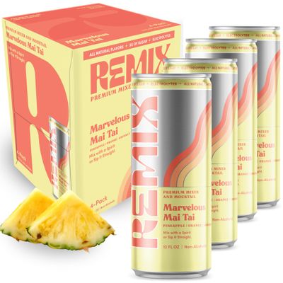 Remix Non-Alcoholic Drinks Mocktails - Alcohol Replacement Beverage with All-Natural Flavors, Real Juice Electrolytes - Low Sugar Calorie Non-Alcoholic Spirits (4 Pack, Marvelous Mai Tai)