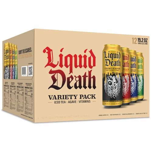 Liquid Death Iced Tea Variety 12-Pack (19.2 Oz Cans) (Grim Leafer, rest in Peach, Dead Billionaire, Green Guillotine)