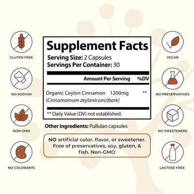 Socotra Health Ceylon Cinnamon - Certified Organic - Non-GMO - Gluten Free - Supports Healthy Metabolism - Antioxidant Benefits - Natural Energy Supplement - 60 Vegan Capsules