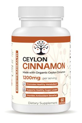 Socotra Health Ceylon Cinnamon - Certified Organic - Non-GMO - Gluten Free - Supports Healthy Metabolism - Antioxidant Benefits - Natural Energy Supplement - 60 Vegan Capsules