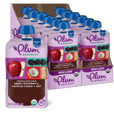 Plum Organics Stage 2 Organic Baby Food - Apple, Blackberry, Coconut Cream, and Oat - 3.5 oz Pouch (Pack of 12) - Organic Fruit and Vegetable Baby Food Pouch