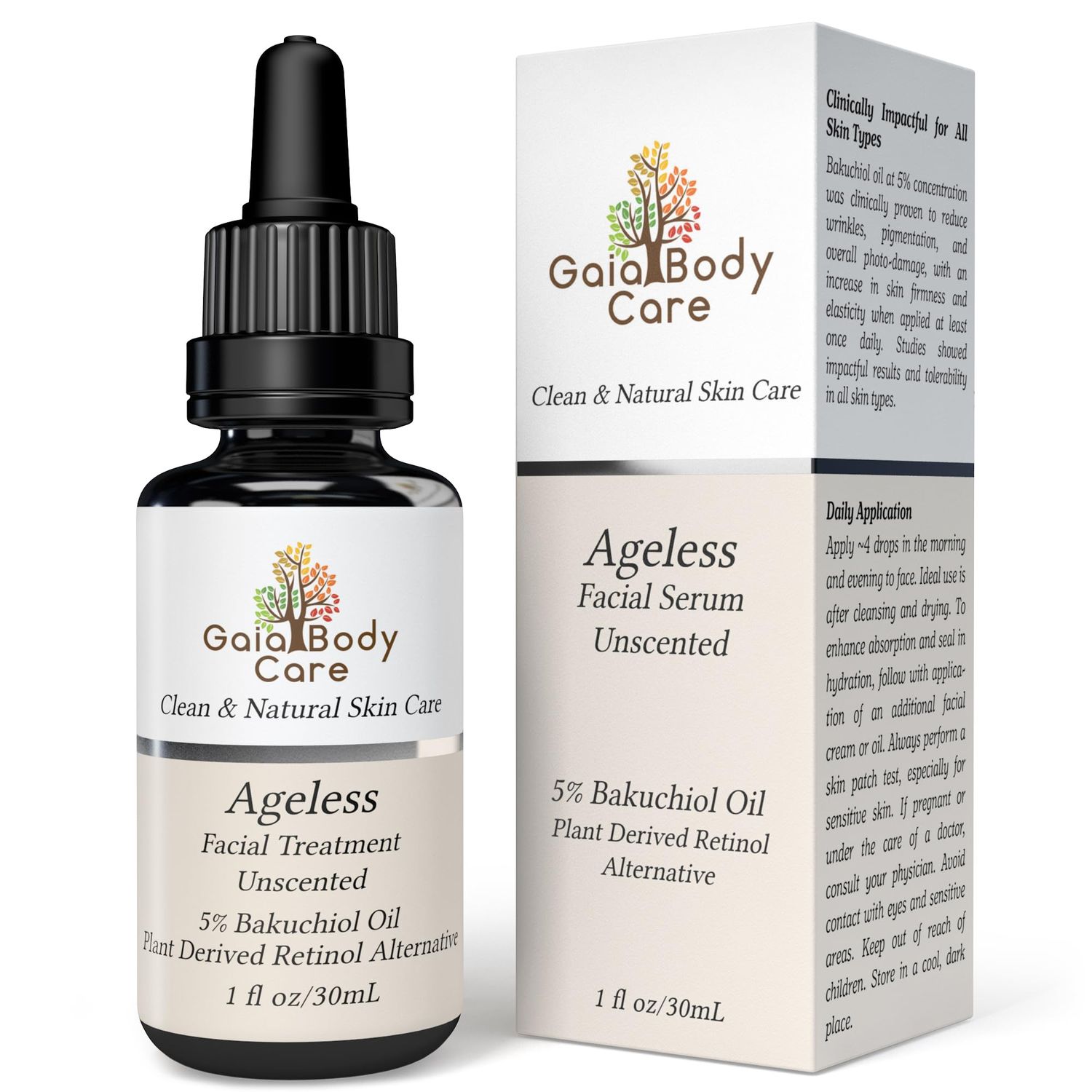 Gaia Body Care 5 Bakuchiol Oil Organic - Anti Aging, Anti Wrinkle, Reduces Fine Lines, Smooths Skin, Hydrates - Botanical Vegan - Natural Retinol Alternative Facial Oil (1oz, Unscented)