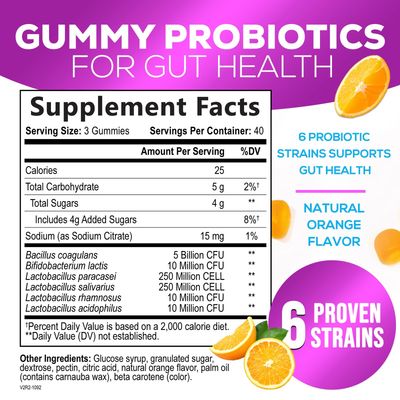 Probiotic Gummies for Women, Men Teens - 5 Billion CFUs, 6 Probiotic Strains, Orange Flavor - Daily Gummy Probiotics Supplement for Natural Digestive Health, Good Gut Immune Support - 120 Count