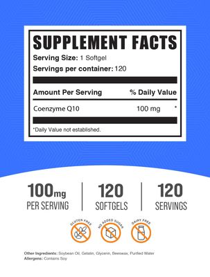 BulkSupplements.com CoQ10 100mg Softgels - Coenzyme Q10 100mg Supplement, for Heart Health - Gluten Free, 1 Softgel per Serving, 120 Count (Pack of 1)