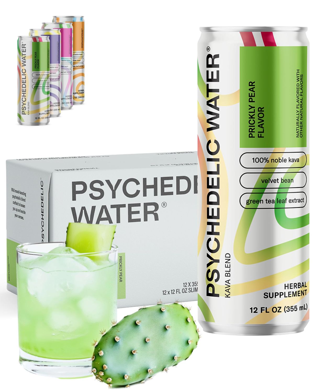 Psychedelic Water Prickly Pear Mood Enhancing Relaxation Drink - Kava, 12 Fl Oz (12 Cans), Gluten Free, Vegan (Prickly Pear)