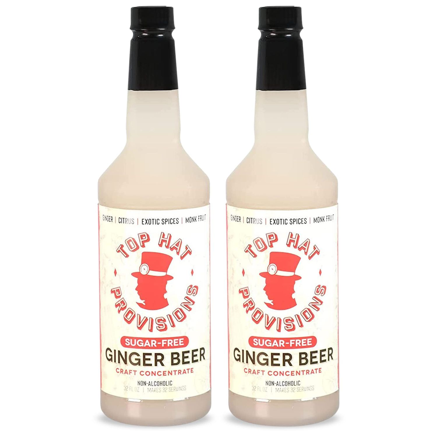 Top Hat Keto Sugar Free Ginger Beer Syrup Moscow Mule Mix - Naturally Sweetened with Monk Fruit - Craft Soda Mixer Ginger Syrup for Cocktail Drinks - Just Add Seltzer Water - 2 Pack of 32oz Bottles