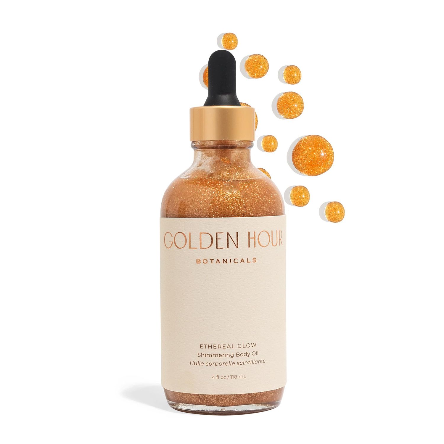 GOLDEN HOUR BOTANICALS Organic Skincare Products Made in USA, Vegan, Cruelty Free, Moisturizing Hydrating Shimmer Gold Glitter Body Oil, 4fl oz118ml, Ethereal Glow