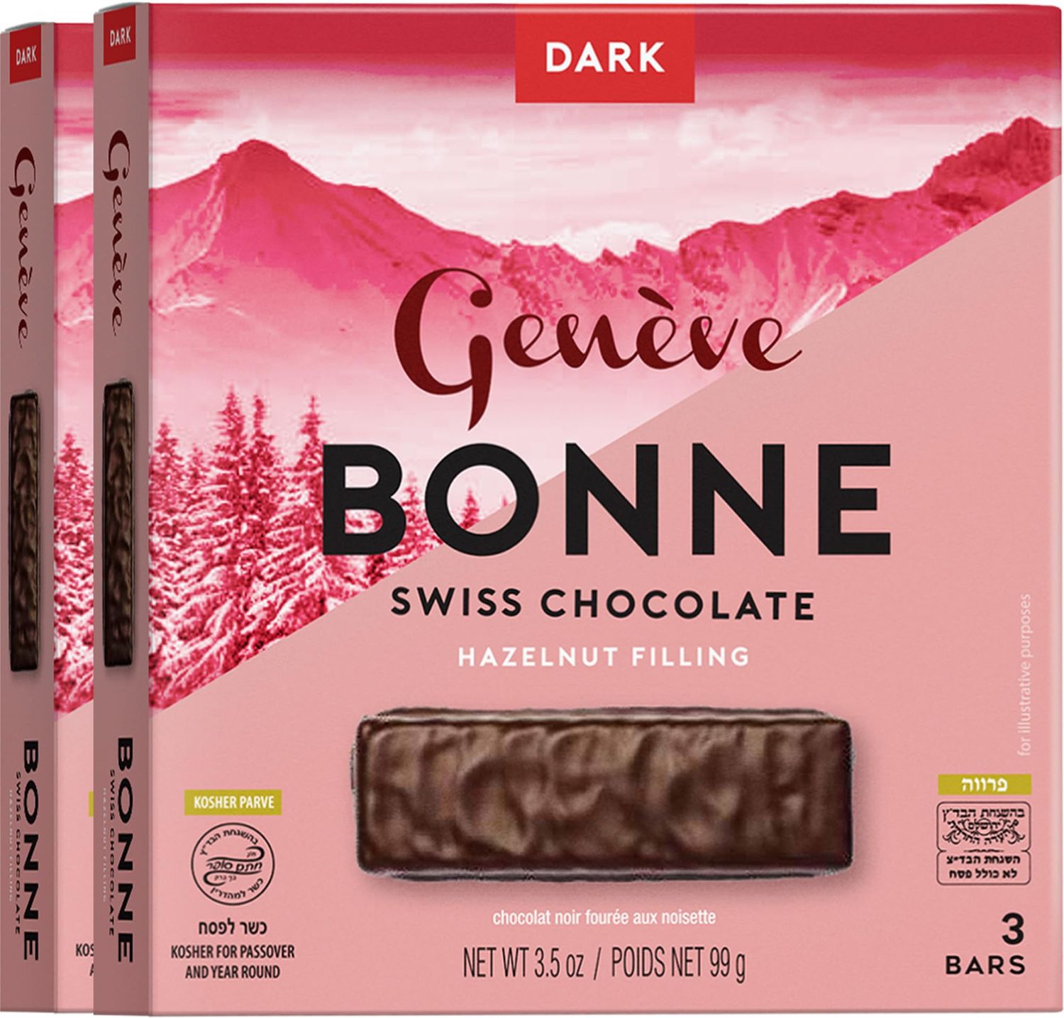 Geneve Bonne Dark Chocolate Bar, Swiss Chocolate with Hazelnut Filling (2 Pack - 6 Bars) Rich Chocolate Dairy Free Kosher for Passover Chocolate Individually Wrapped