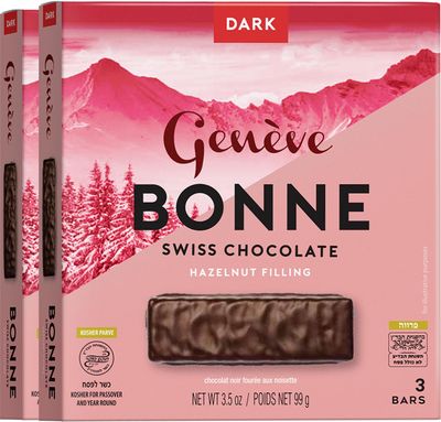 Geneve Bonne Dark Chocolate Bar, Swiss Chocolate with Hazelnut Filling (2 Pack - 6 Bars) Rich Chocolate Dairy Free Kosher for Passover Chocolate Individually Wrapped