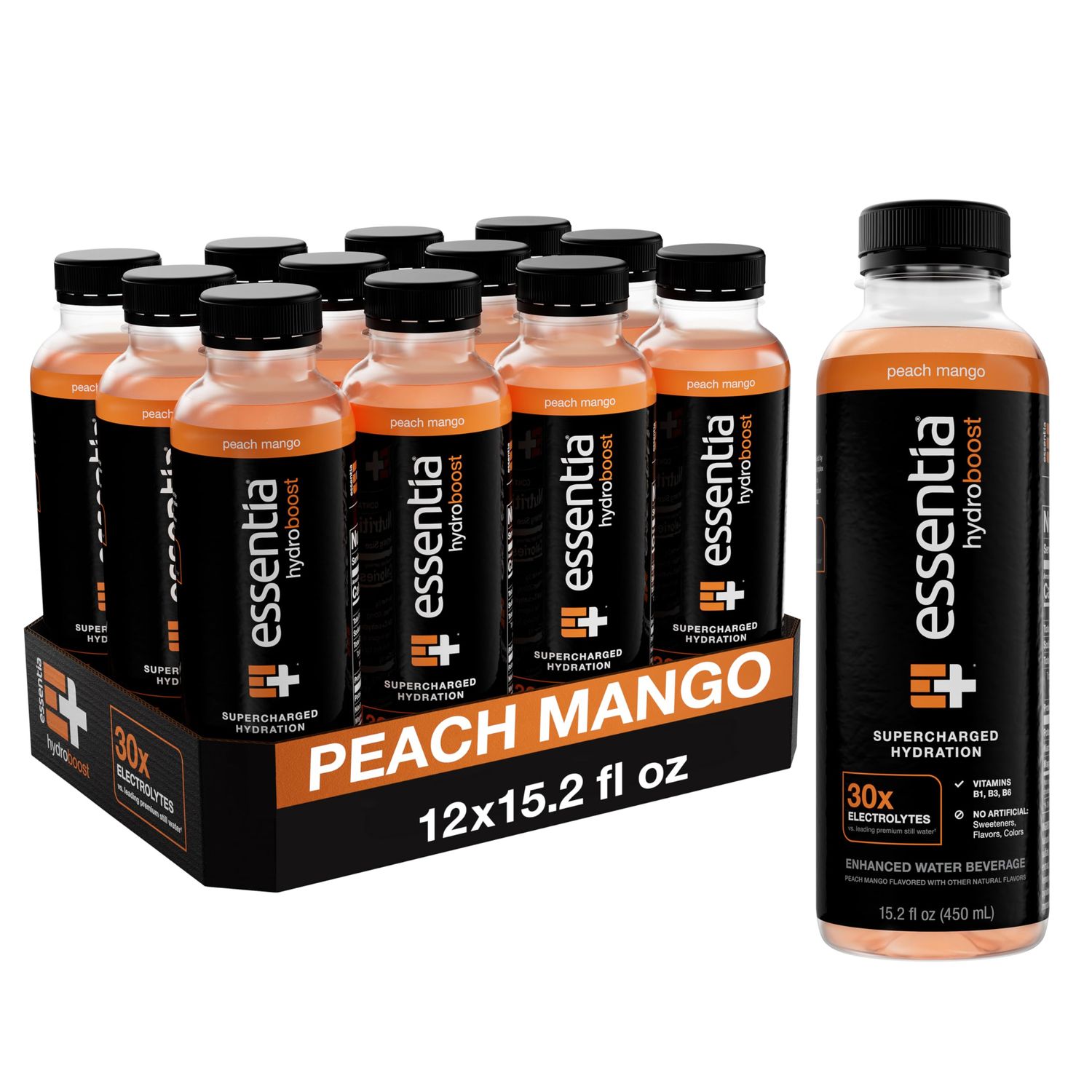 NEW Essentia Hydroboost Enhanced Bottled Water, 15.2 fl. oz. (450 mL), 12 Pack, Peach Mango, Hydrolyte Blend with B-Complex Vitamins and Electrolytes, Clean Taste Supercharged Hydration